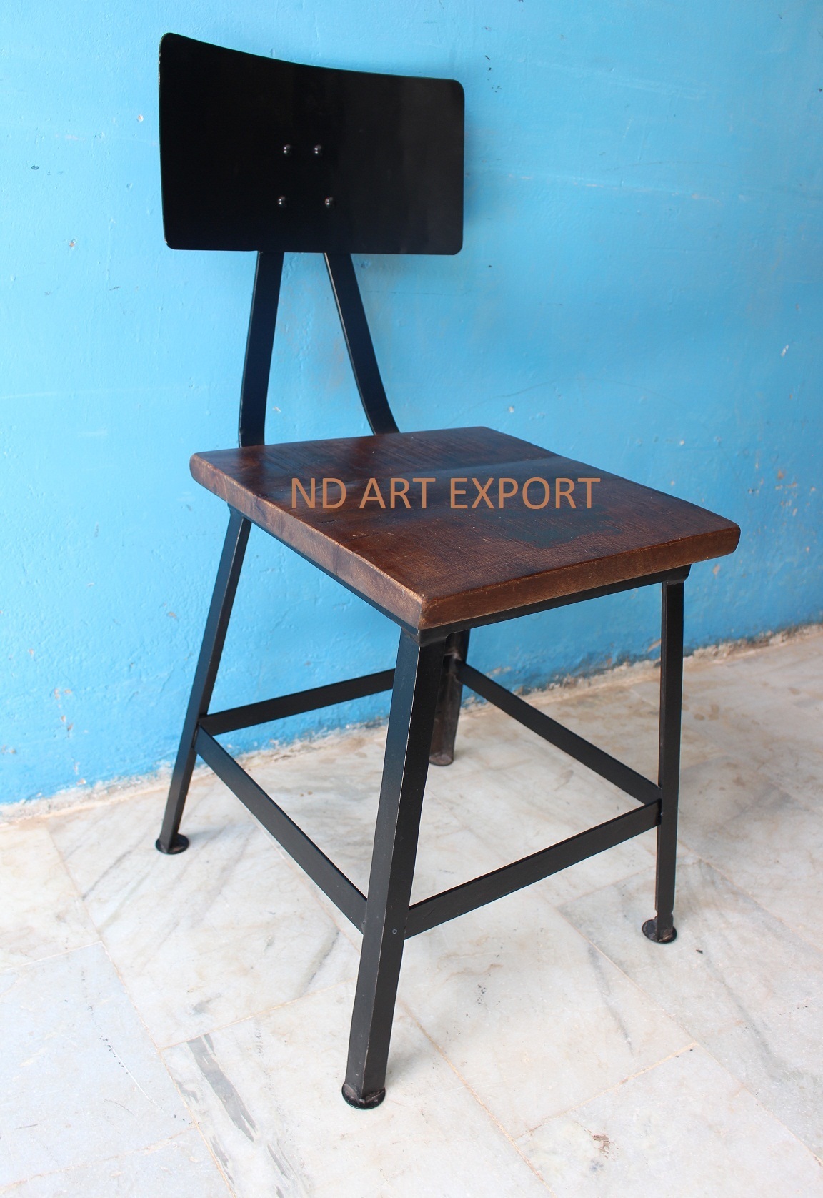 Industrial Dining  Chair With Wooden Top And MS Iron Frame