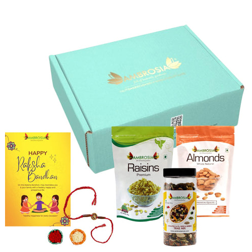 Ambrosia Classic Dry Fruits Gift Box With Rakhi Tikka And Greeting Card
