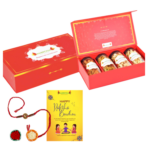 Ambrosia Premium Dry Fruits Gift Box With Rakhi Tikka And Greeting Card