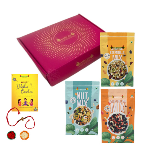 Ambrosia Healthy Trail Mixes Gift Hamper with Rakhi Tikka And Greeting Card