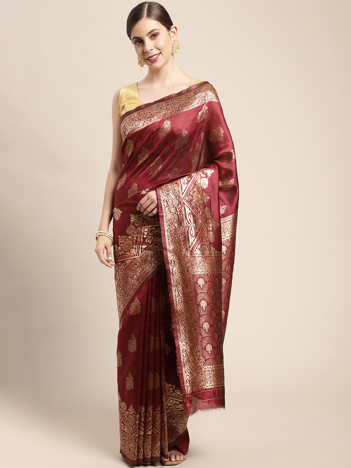 Traditional Silk Blend Golden Zari Woven Paisley Pattern Banarasi Style Saree