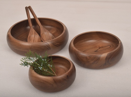 12 Inch set of 3 Wooden Bowl With Enamel