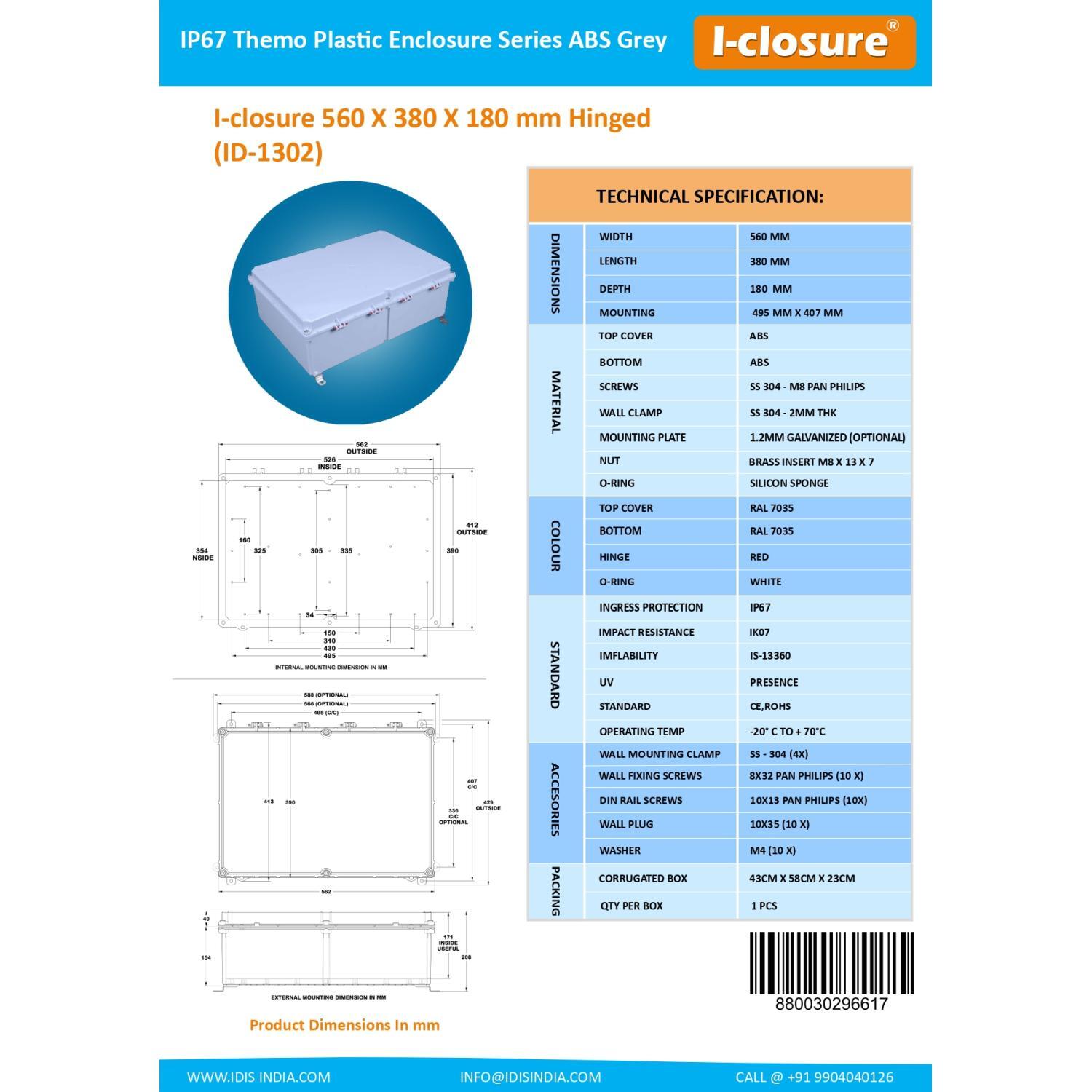 ABS Enclosure 560 X 380 X 180 mm IP67