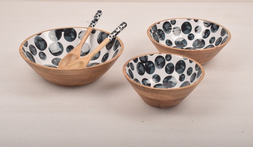 Set of 3 Wooden Bowl With Enamel