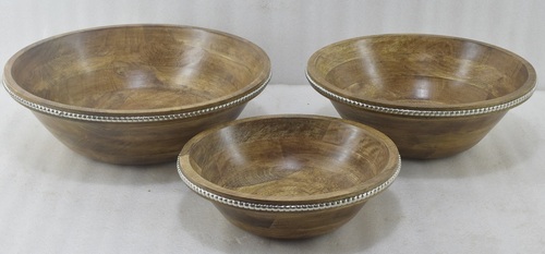Set of 3 Wooden Bowl With Metal ring