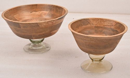 Set Of 2 Wooden Bowl With Pedestel