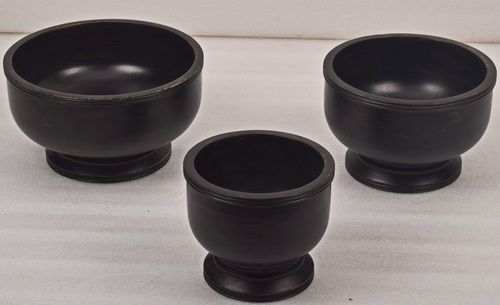 Set Of 3 Wooden Black Bowl