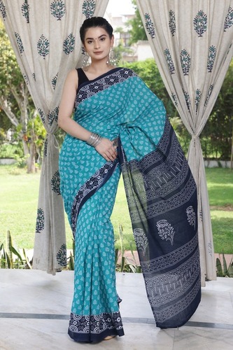 Printed, Color Block, Blocked Printed, Floral Print, Dyed Daily Wear Pure Cotton Saree  (Green)