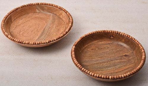 Set of 2 Wooden Bowl With Beads Pedestal