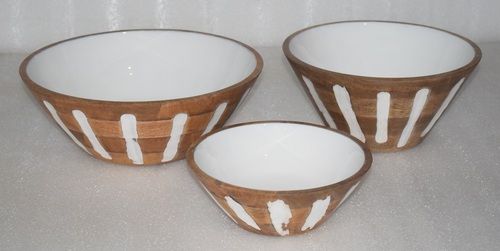 Set of 3 Wooden Bowl With white Enamel