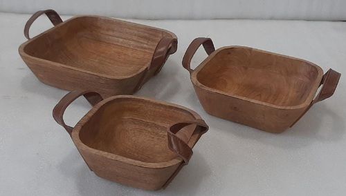 Wooden Bowl With Leather Handles