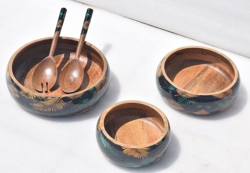 Set  of 3 Wooden Bowl With leaves Painted