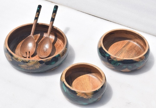 Set of 3 Wooden Bowl With leaves Painted