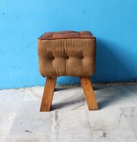 Leather Ottoman With Wooden Legs Pouf - Artwork: Handmade