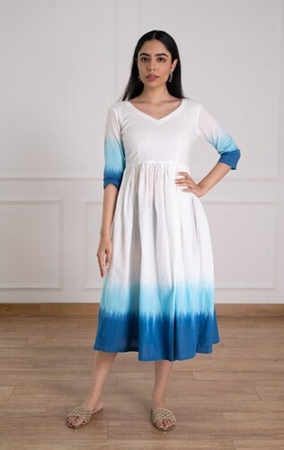 White Cotton Tie Dye V Neck Shaded Dress For Women