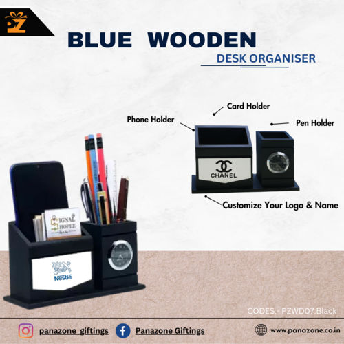 Blue Wooden Desk Organiser - Color: Elegant Black Finish