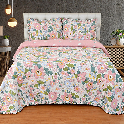 Pink Cotton Floral Double Bed Cover