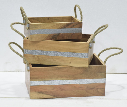 Set  of 3 Wooden Caddy With Jute Handle