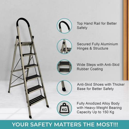 Overview The Aluminium Premium Gold 6-Step Ladder is a high-quality, durable, and safe ladder designed for various applications, including industrial, commercial, and residential use.  Key Features 1. Aluminium Construction: Made from high-strength,