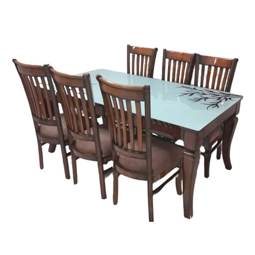 Handmade 6 Seater Glass Top Wooden Dining Table Set