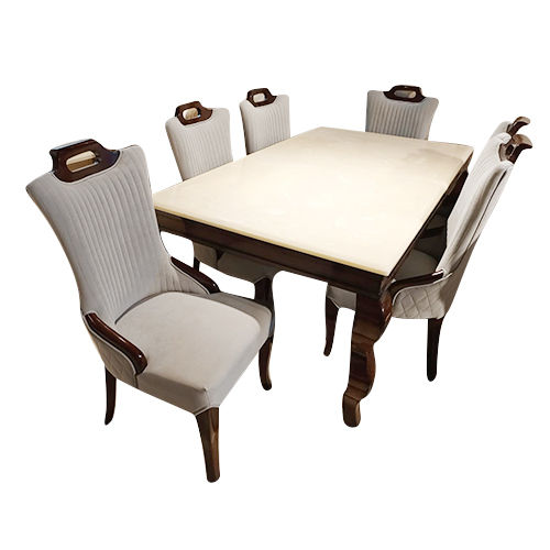 Handmade 6 Seater Marble Top Rectangular Wooden Dining Table Set