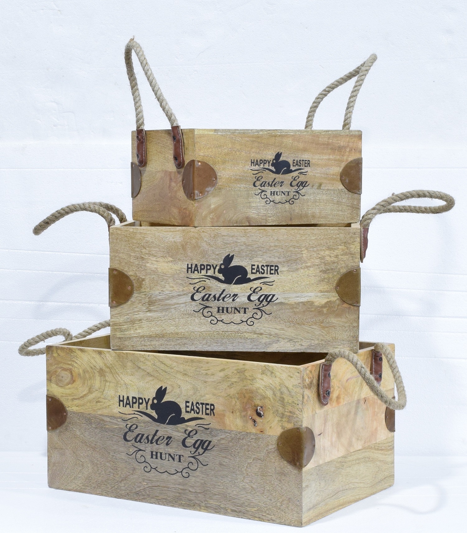 Set of 3 Wooden Caddy With Leather Strip