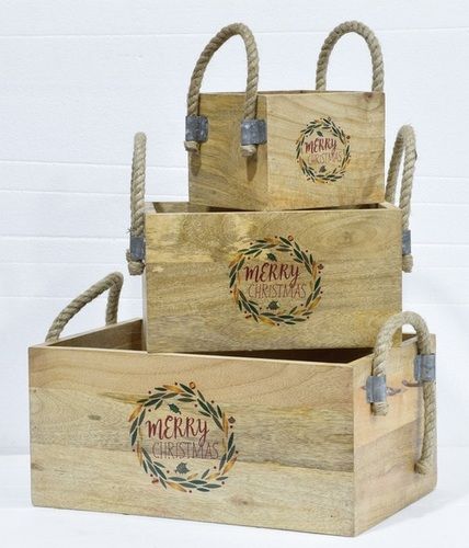 Set of 3 Printed Wooden Caddy With Jute Handle