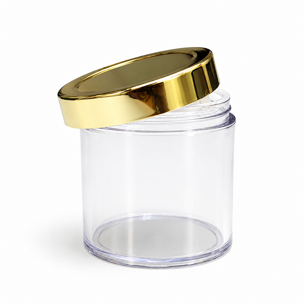 Transparent 100gm Acrylic Jar with Inner Plug - 100ml Capacity, Eco-Friendly SAN Material, Available in Color Options with Gold Cap
