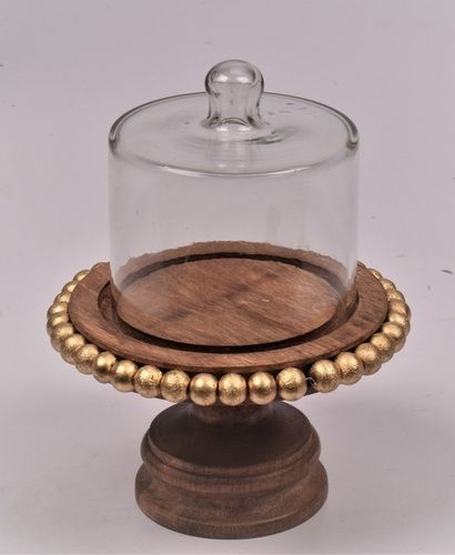 Wooden Cake Dome With Glass & Pearls