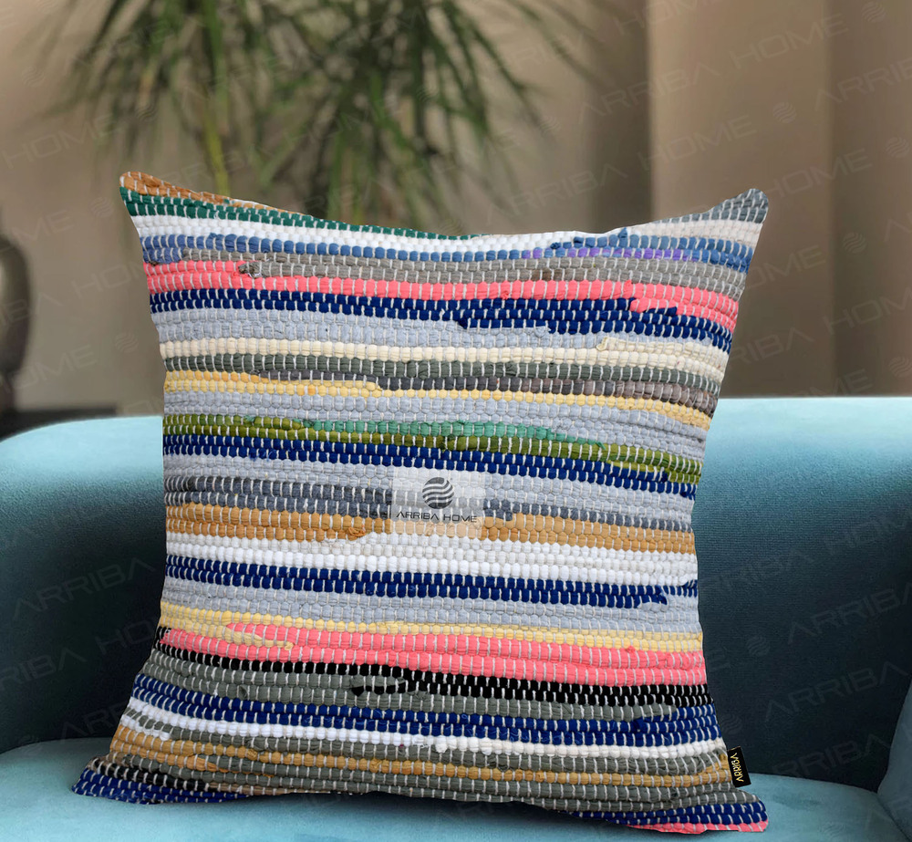 Chindi Cushion Covers - 100% Cotton 12x12 to 24x24 Inches Brown Mustard Yellow Grey Aqua Blue | Screen/Stencil/Block Printed Zipper Closure Easy Maintenance