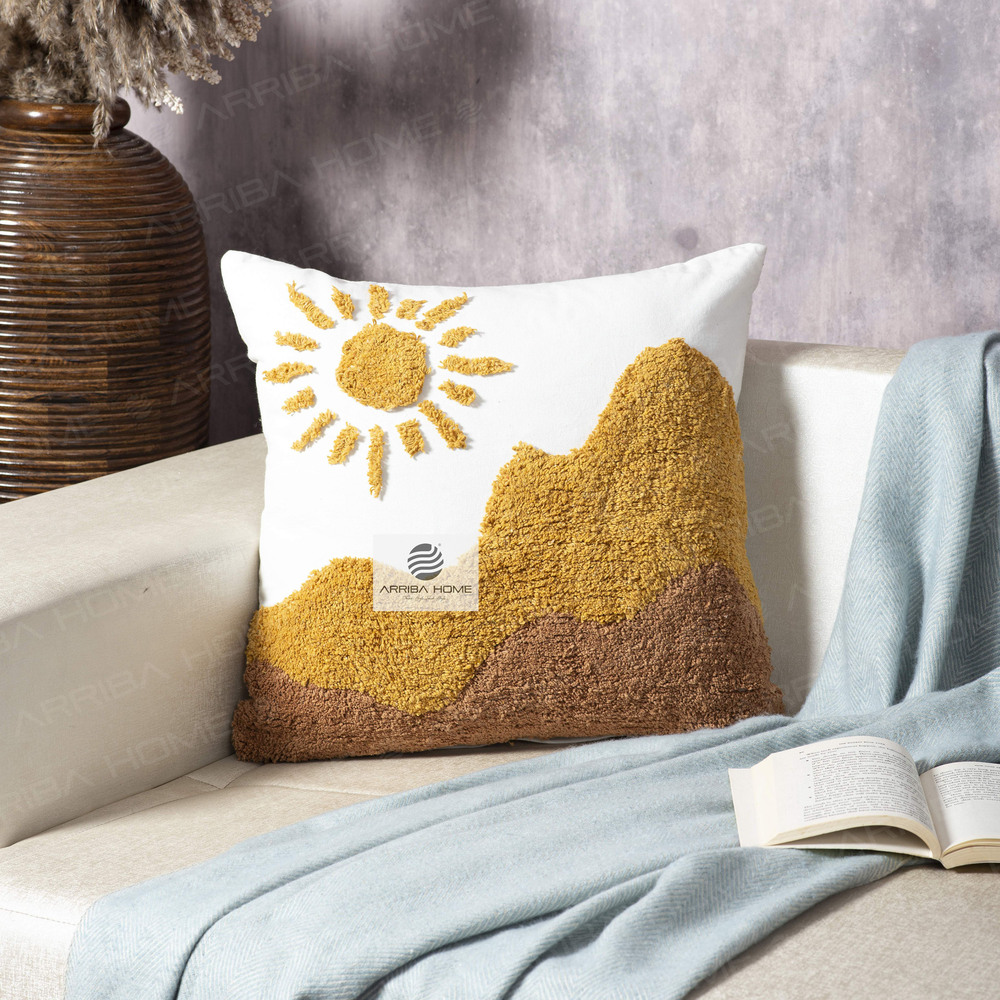 Cotton Tufted Cushion Covers - 100% Cotton 16x16 to 24x24 Inch Yellow Brown Orange Cream | Hand Tufted Zipper Closure Easy Care Ethnic Style