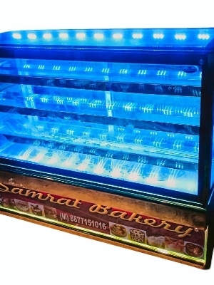 Sweet Display Counters - Glass and Stainless Steel, Polished Finish with Transparent Shelves for Modern Bakery Presentation