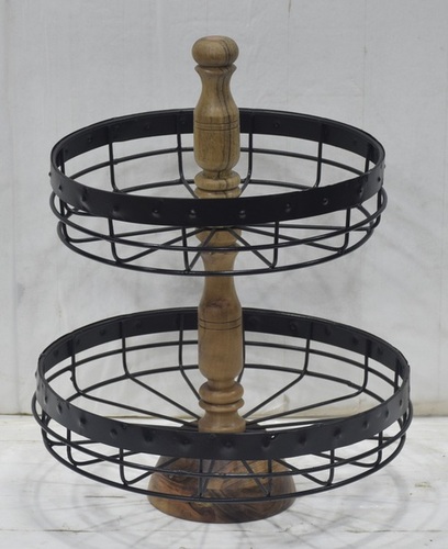 Wooden Cake Stand With 2 Metal Tier
