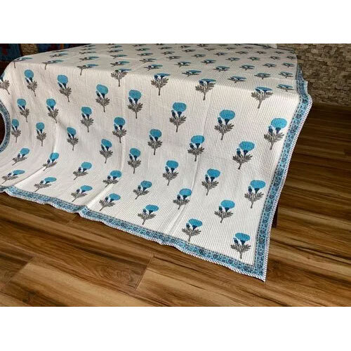Sky Blue Flower Printed Machine Quilted Bedspreads