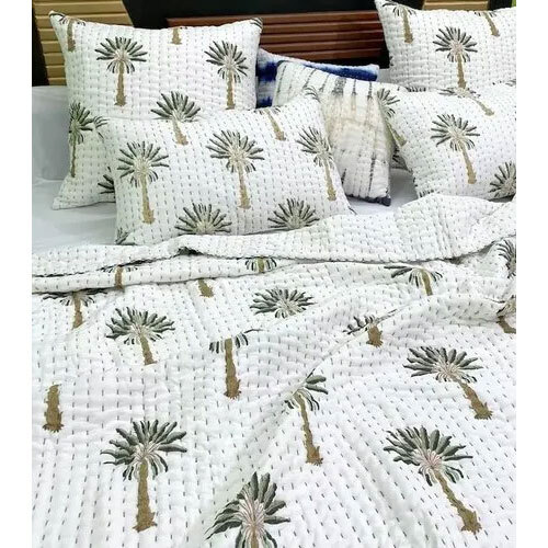 palm Tree Printed Handmade Kantha Bedroom Set Kantha Quilt
