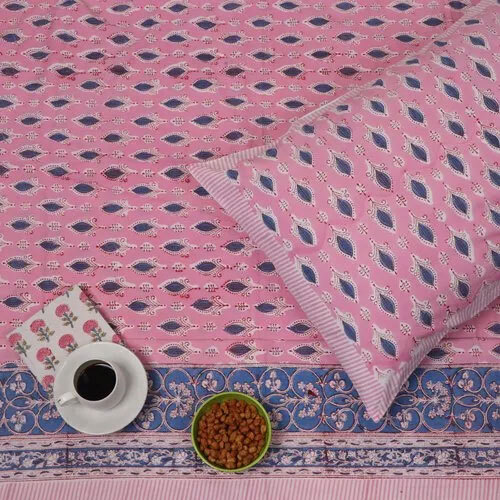 Hand Block Printed Cotton Pink Bedsheet