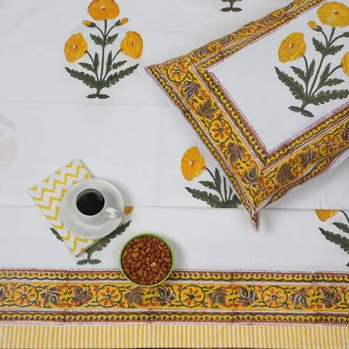 Beautiful Yellow Mugal Buta Printed Hand Block Printed Bedsheet