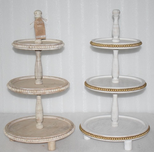 Set of 2 Cake Stand With Beads Pedestal White Wash