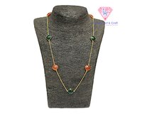 Labradorite And Carnelian Gemstone Gold Plated Chain Necklace - Brass, 12x12mm Cushion Shape Faceted Stones, 22 Inches Long | Elegant Design