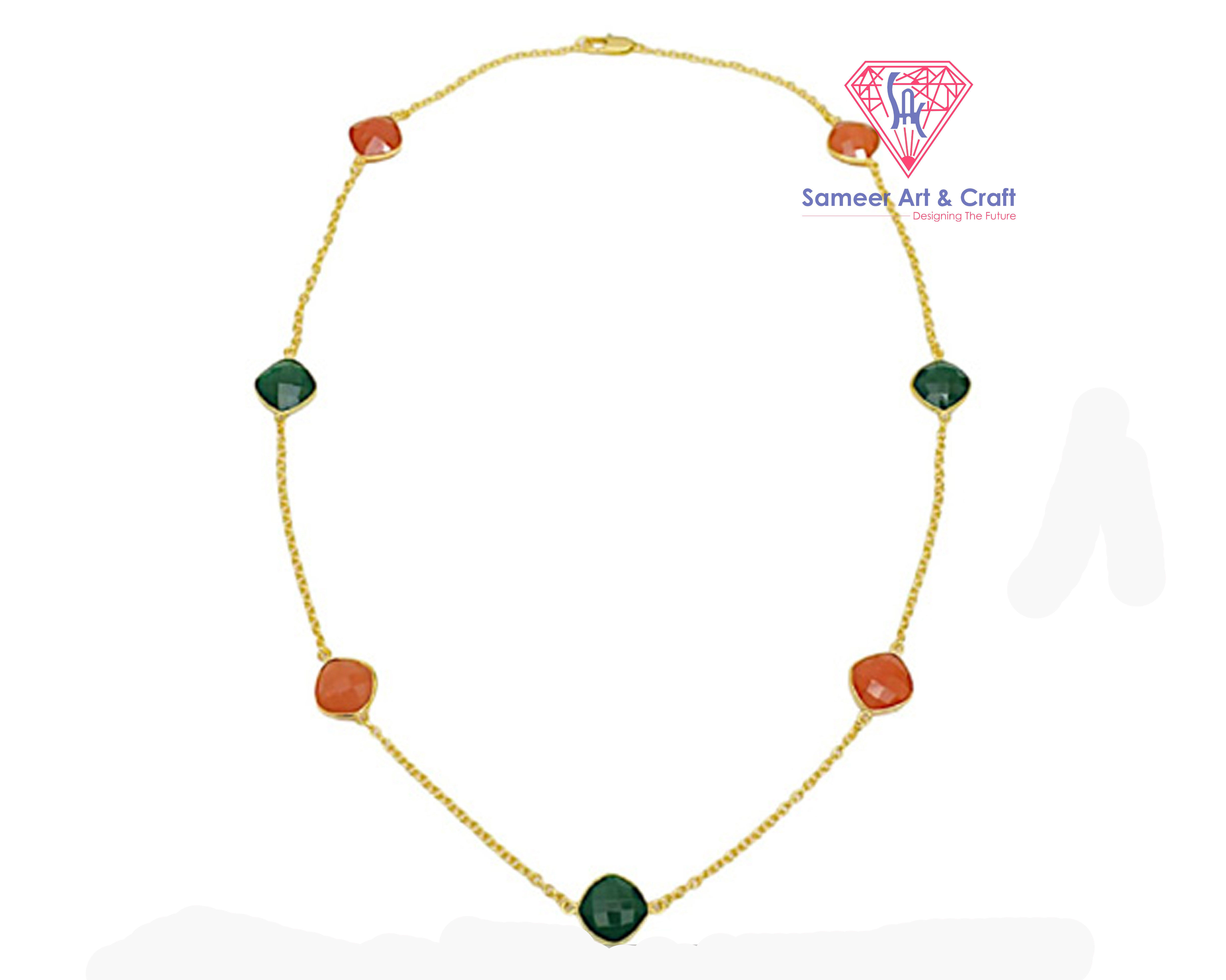 Labradorite And Carnelian Gemstone Gold Plated Chain Necklace