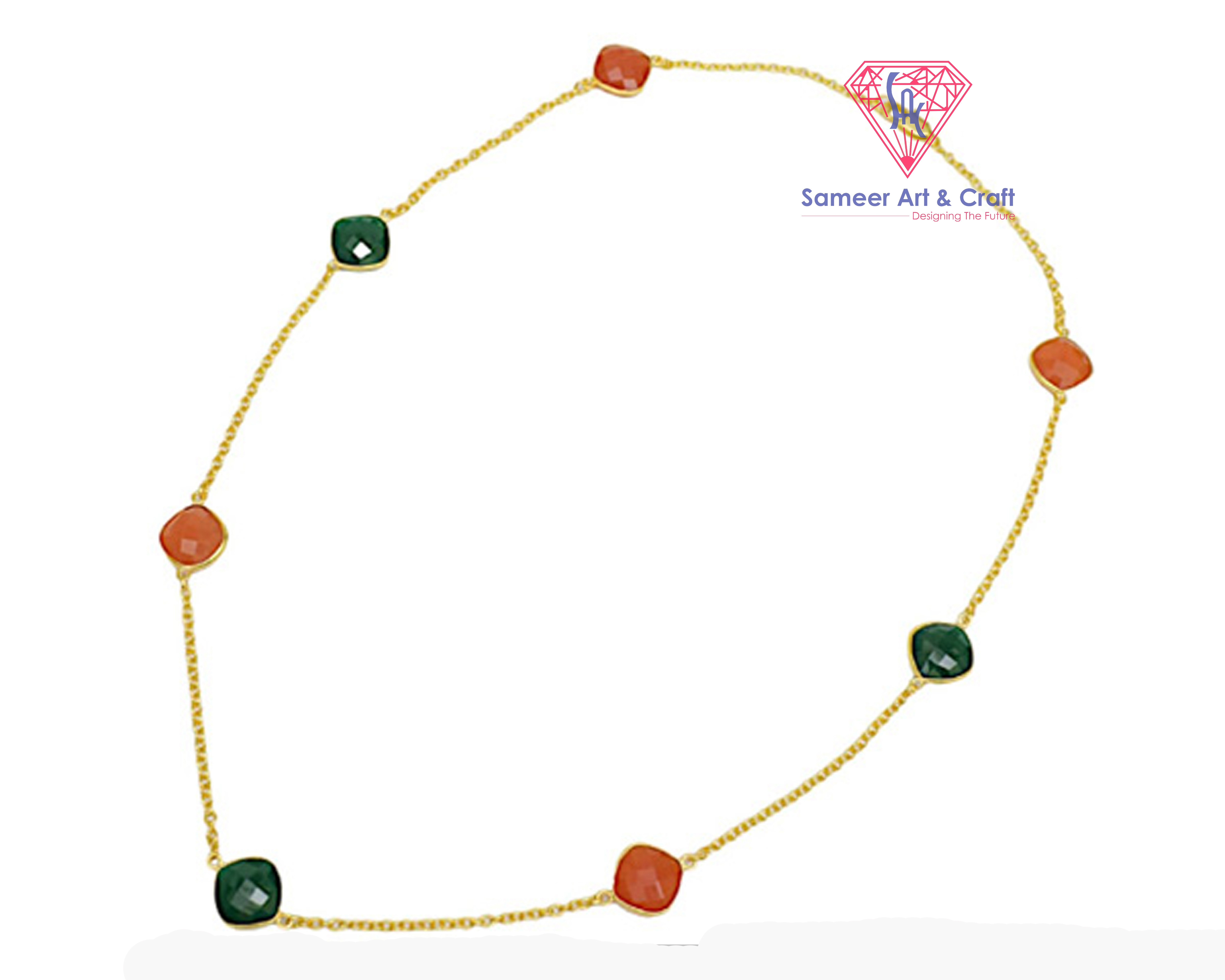 Labradorite And Carnelian Gemstone Gold Plated Chain Necklace