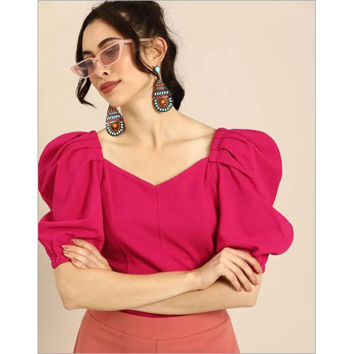 Ladies Balloon Sleeve Solid Pink Top