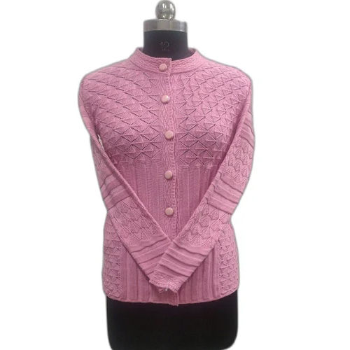 Wool Ladies Pink Round Neck Woolen Cardigan