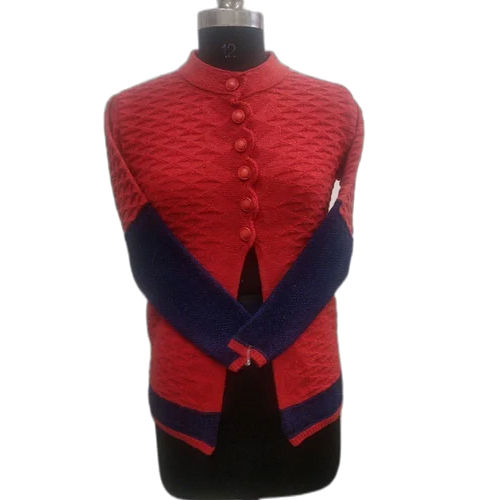 Wool Ladies Red And Black Woolen Cardigan