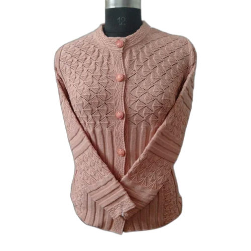 Wool Ladies Peach Woolen Cardigan