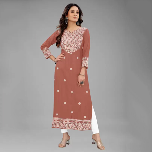 Women Embroidered Cotton Rayon Straight Kurta