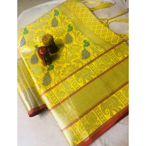 Yellow Color Kanjivaram Style Heavy Banarasi Silk Saree With Blouse