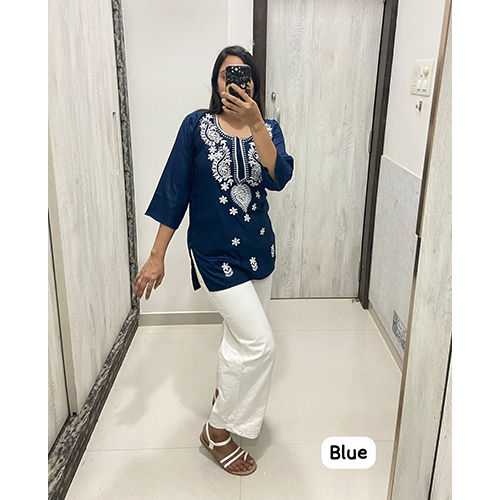 Blue Rayon With Embroidery Chikan Work Top