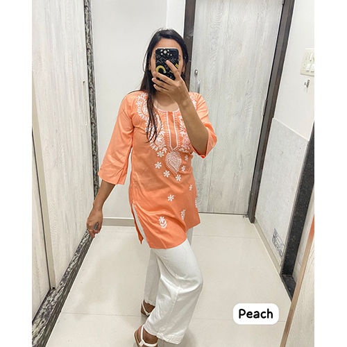 Peach Rayon With Embroidery Chikan Work Top