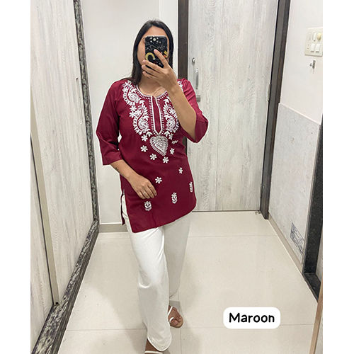 Maroon Rayon With Embroidery Chikan Work Top